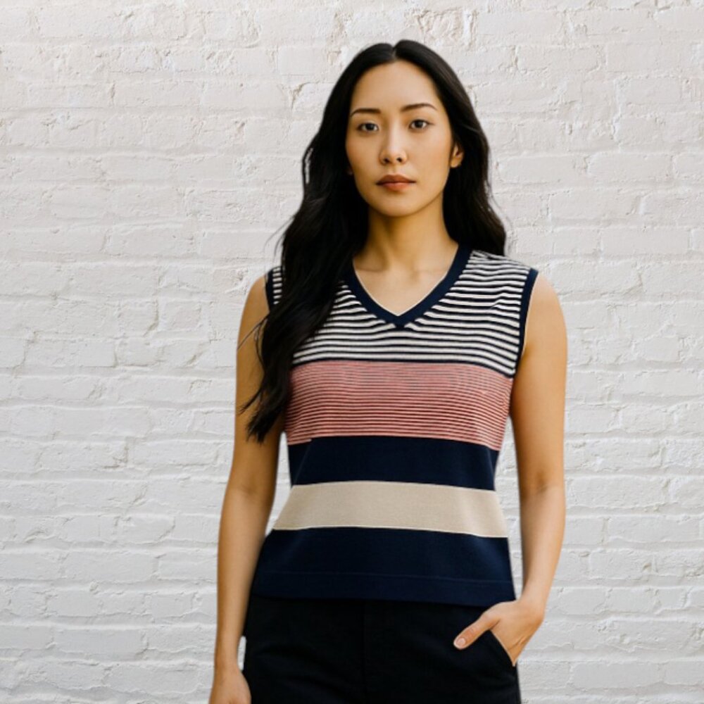 DESIGNER'S ORIGINALS -- Sleeveless Top, Petite, Black/Red/White Stripes, V Neck